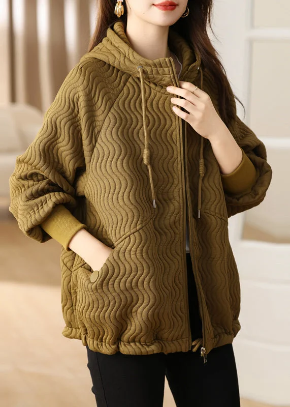 Loose Khaki Hooded Zippered Pockets Thick Coat Long Sleeve Feminine Flow