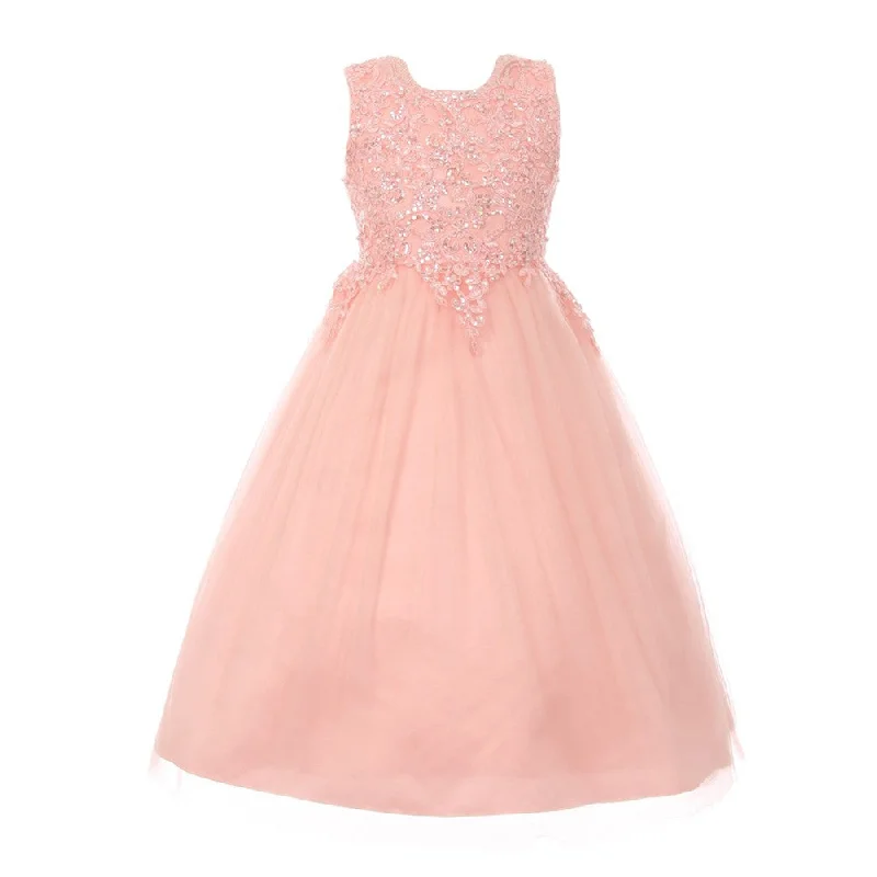 Little Girls Blush Pink Pearl Sequin Tulle Satin Flower Girl Dress 4-6 Effortless Sophistication