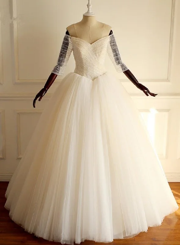 Half Sleeves Long A-line Tulle Beaded Wedding Dresses Now On Sale For Chic Urban Styles