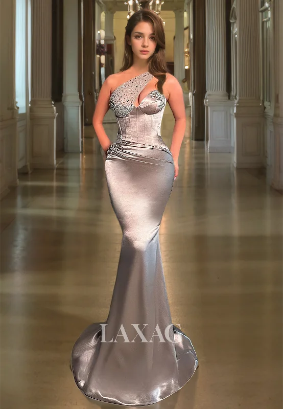 Asymmetrical-Neck Off-Shoulder Sleeveless Beaded Pleated Mermaid Prom Dress with High Slit Mother'S Day Special