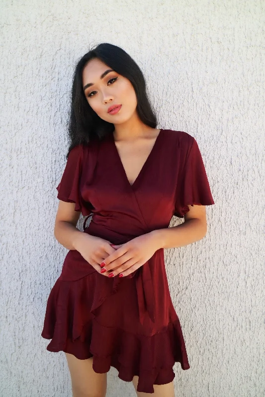 Satin Butterfly Dress - Wine Seasonal Sale