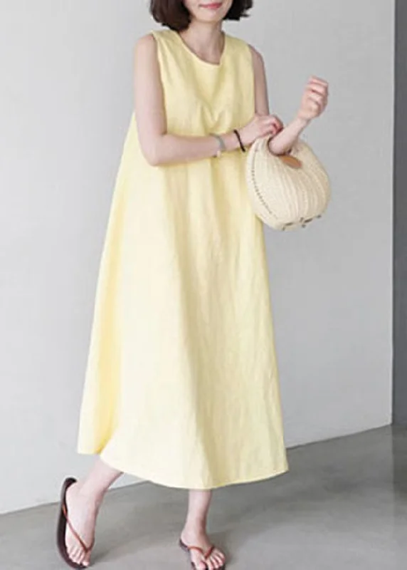 Unique Yellow O-Neck Pockets Party Dress Sleeveless Discounts On Casual Weekend Styles