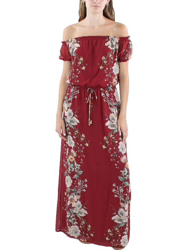 Juniors Womens Chiffon Floral Print Maxi Dress Romantic Date - Night Ensemble