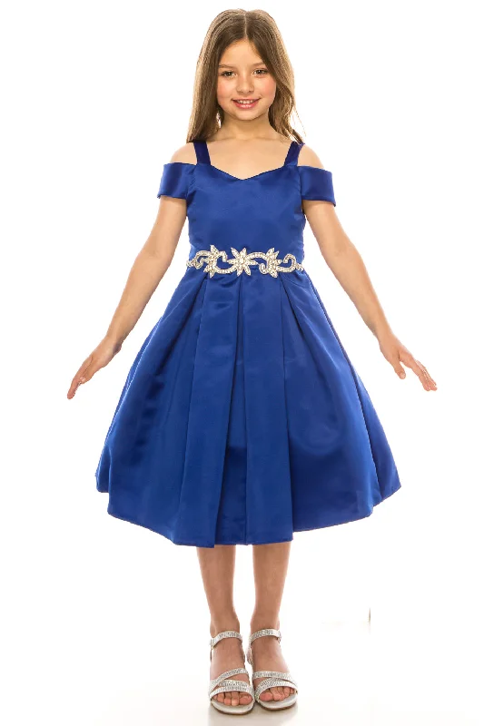 Satin Flower Girl Dress with Cold Shoulder and Pleated Skirt, 2-14 Alluring Design