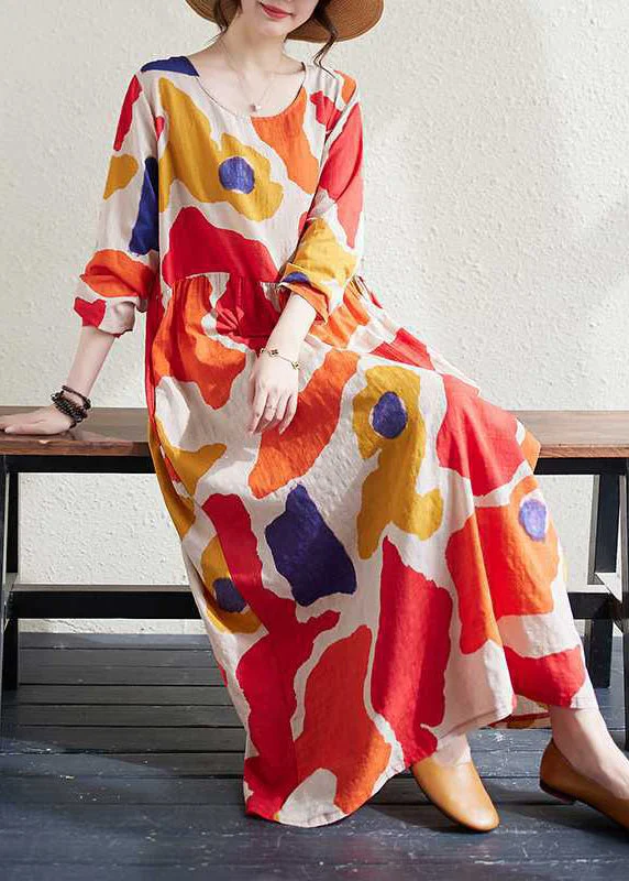 Loose Red O-Neck Print Wrinkled Long Dresses Long Sleeve End - Of - Month Blowout