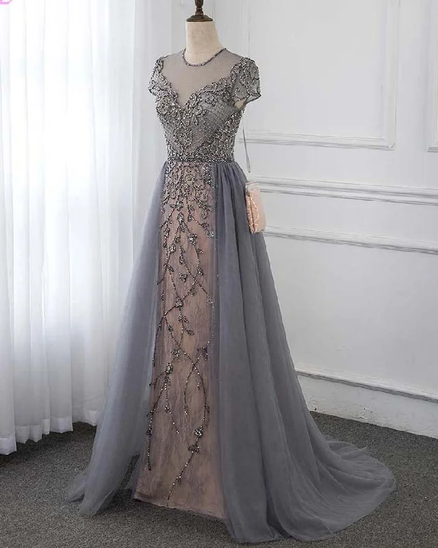 PL4441 Stunning Gray Beaded Stones Cap Sleeve Long Prom Evening Gown  Formal outfit Nordic Minimalist Home Look