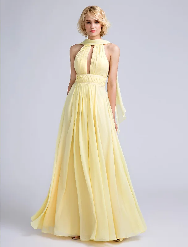 A-Line Bridesmaid Dress Jewel Neck Sleeveless Elegant Floor Length Chiffon with Beading / Draping Limited Quantities