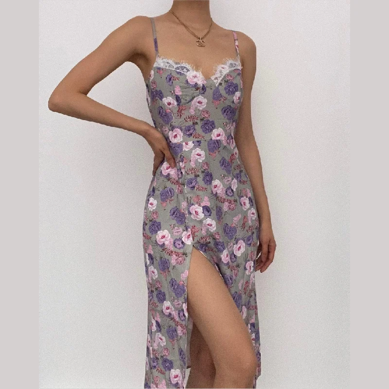 Sleeveless slit lace hem backless flower pattern print cami dress Budget-Friendly Fashion