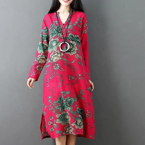 red prints linen dresses plus size clothing side open linen clothing dresses casual long sleeve linen caftans Y2K Nostalgic Fashion Look