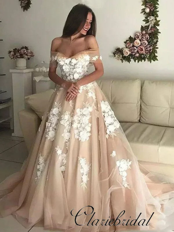 Off Shoulder Champagne Tulle Lace Prom Dresses, Wedding Dresses, Bridal Gown Lightweight Fabric