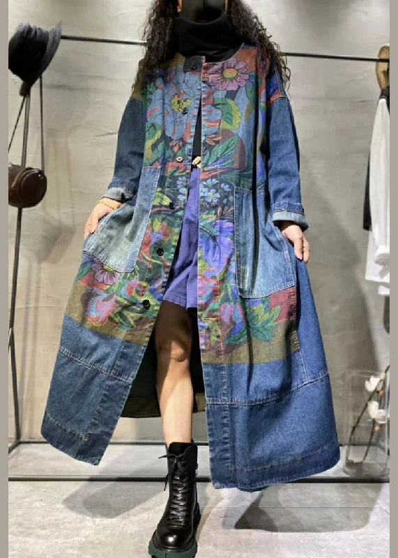 Loose Blue Print Pockets Denim Long Coat Long Sleeve Winter Warm - Up Sale