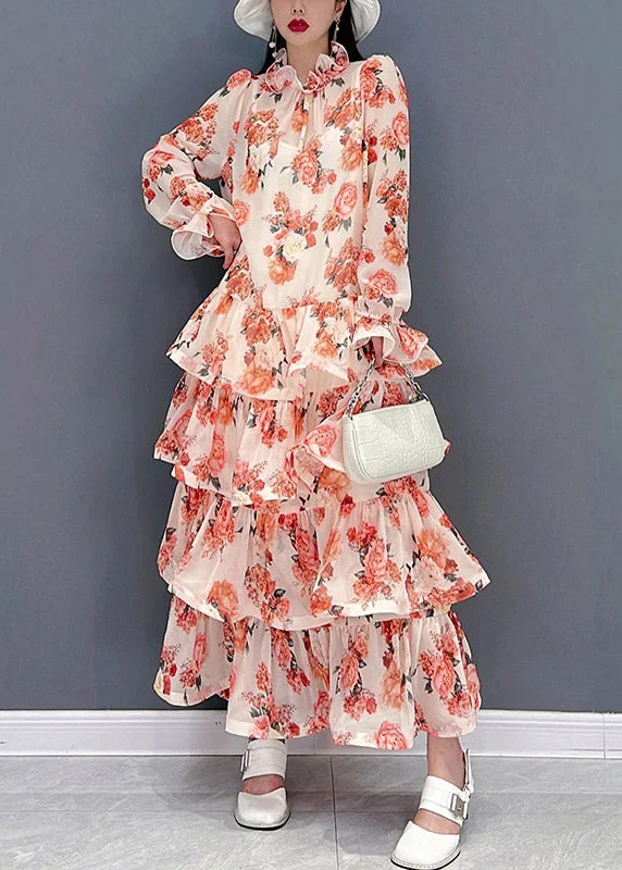 Bohemian Pink Ruffled Print Layered Chiffon Long Dresses Long Sleeve Contemporary Elegance