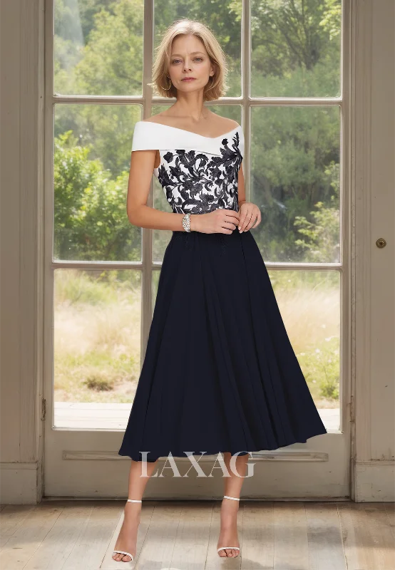 Off-Shoulder V-Neck Sleeveless Pleated Applique Two Tone Midi A-Line Mother of the Bride Dress Early Access To Art Deco Styles Sale