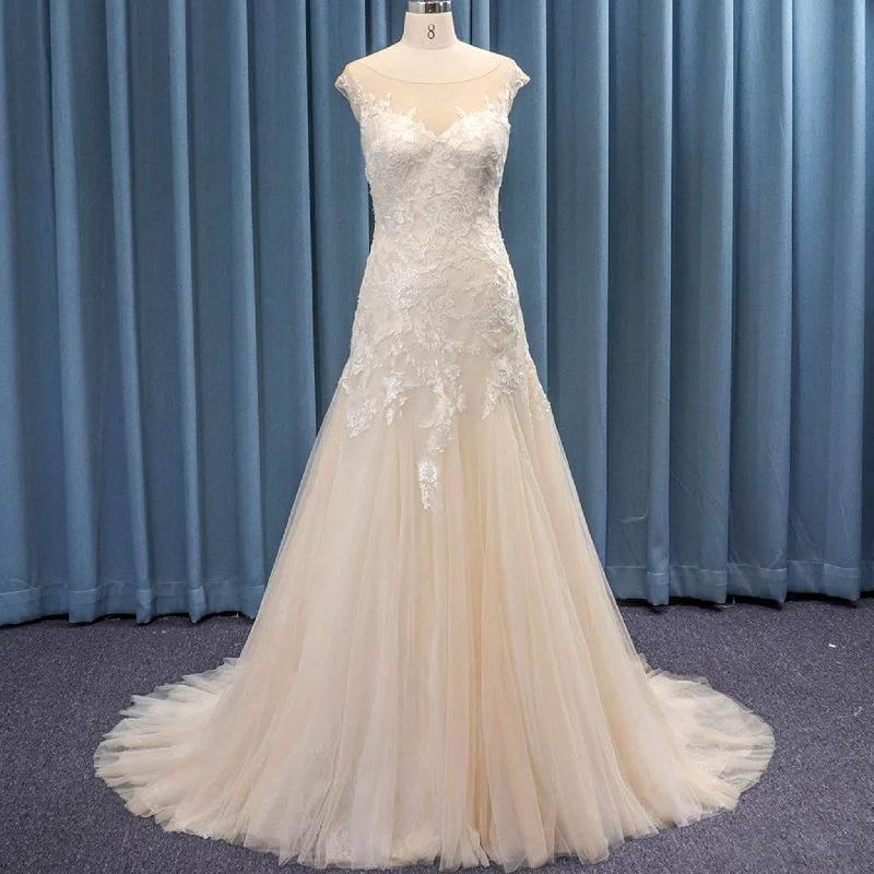 Tank Top Sheer Neck Capped Sleeve Bridal Gown Wedding Dress Today Only