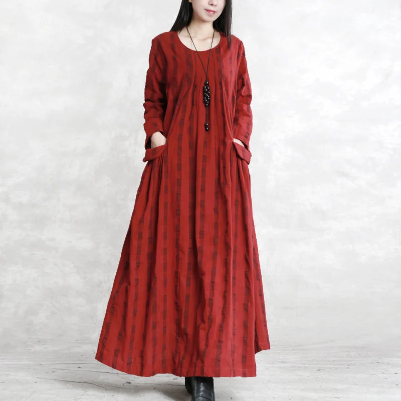 New red Plaid long linen dress plus size clothing o neck pockets traveling dress fine long sleeve Cinched autumn dress Cottagecore Rustic Charm Style