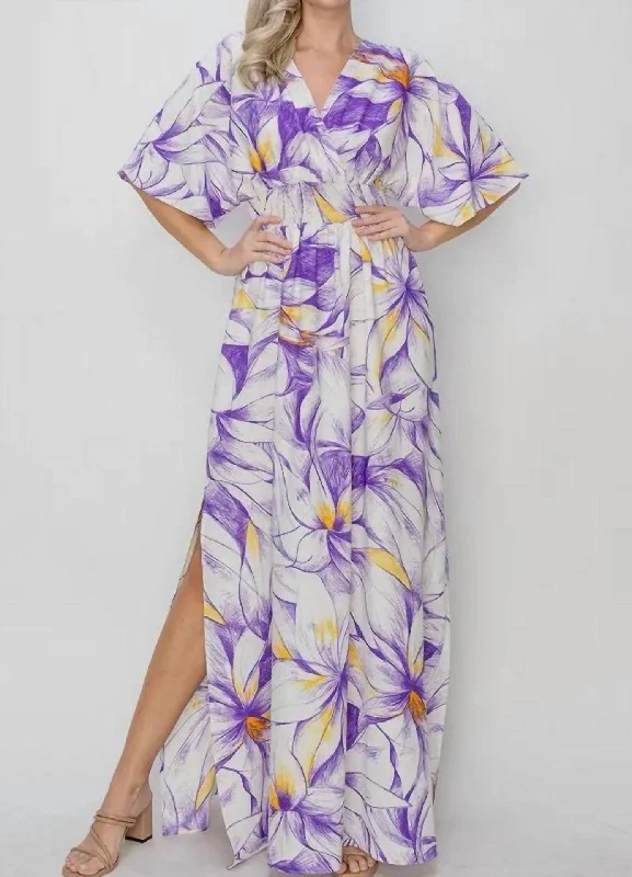 Floral Short Sleeve Maxi Dress In Purple Holiday Sale