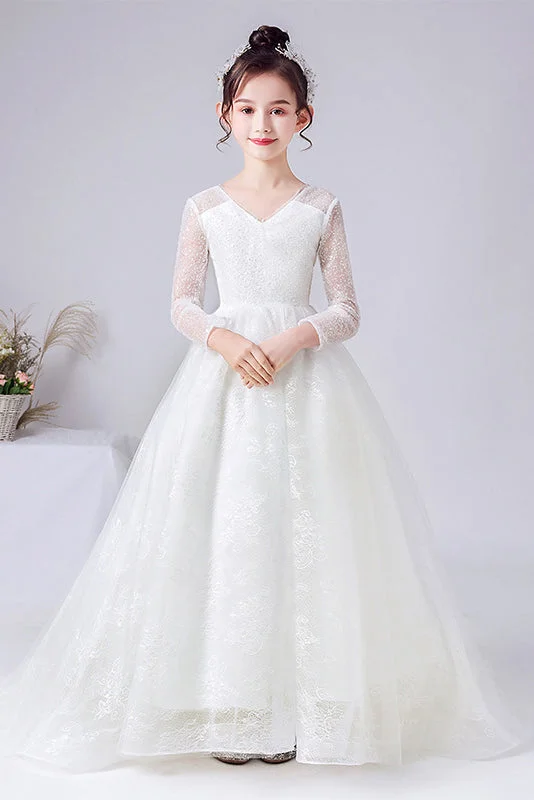 A-Line Elegant Long Sleeve Lace Flower Girl Dress With Bownet Score Big On Glamorous Red - Carpet Styles