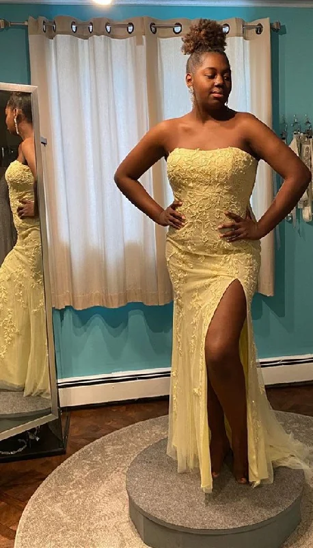 mermaid prom dresses, yellow lace prom dresses, strapless prom party dresses, elegant evening gowns   cg8560 Beat The Heat In Tropical Styles