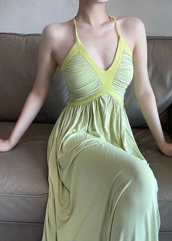 DIY Green V Neck Patchwork Wrinkled Slim Long Dress Sleeveless Celebrate With Big Savings