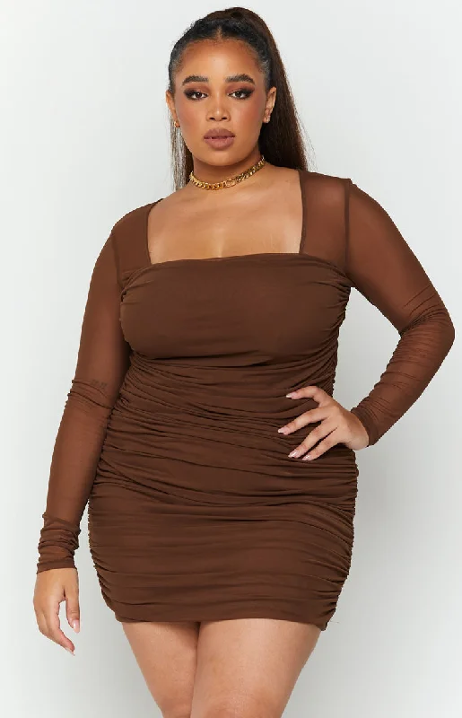 Estee Long Sleeve Mesh Party Dress Brown Classic Charm