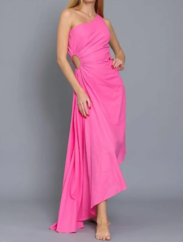 One Shoulder Cut-Out Midi Dress In Pink Feminine Flow