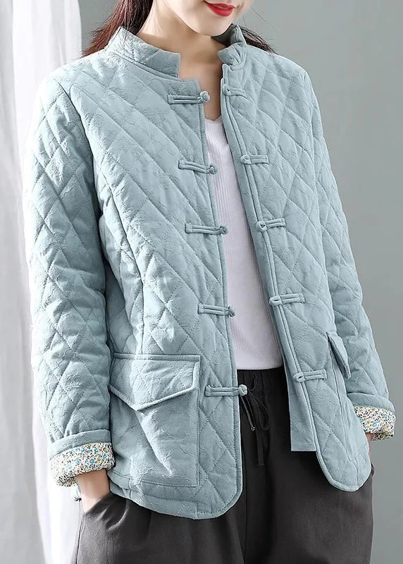 New Sky Blue Button Pockets Patchwork Thick Parka Long Sleeve End Of Season Sale