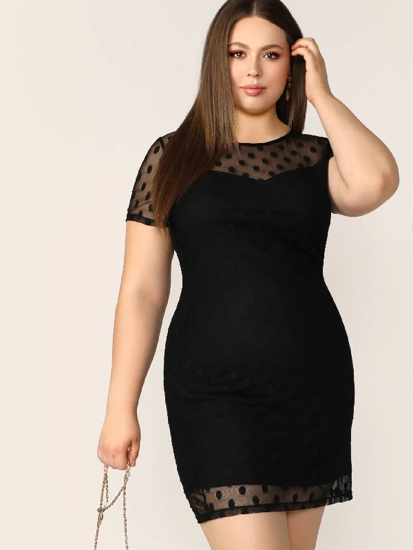  Plus Polka Dot Mesh Yoke Trim Bodycon Dress Clearance Event