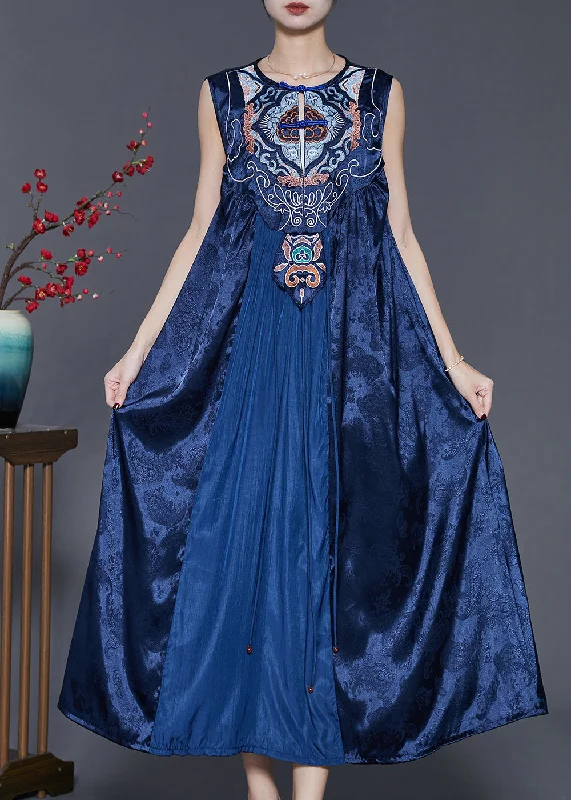 Vintage Blue Embroidered Patchwork Silk Dress Sleeveless Clearance Event