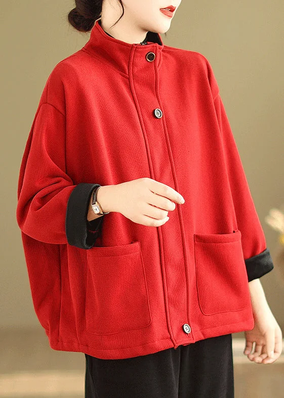 Red Button Loose Warm Fleece Coat Stand Collar Long Sleeve Wardrobe Update