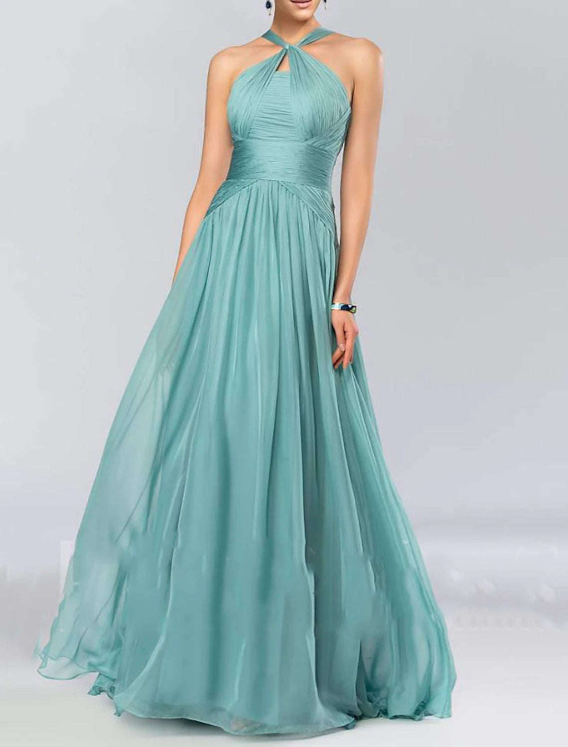 A-Line Bridesmaid Dress Halter Neck Sleeveless Elegant Floor Length Chiffon with Pleats / Draping Flash Sale