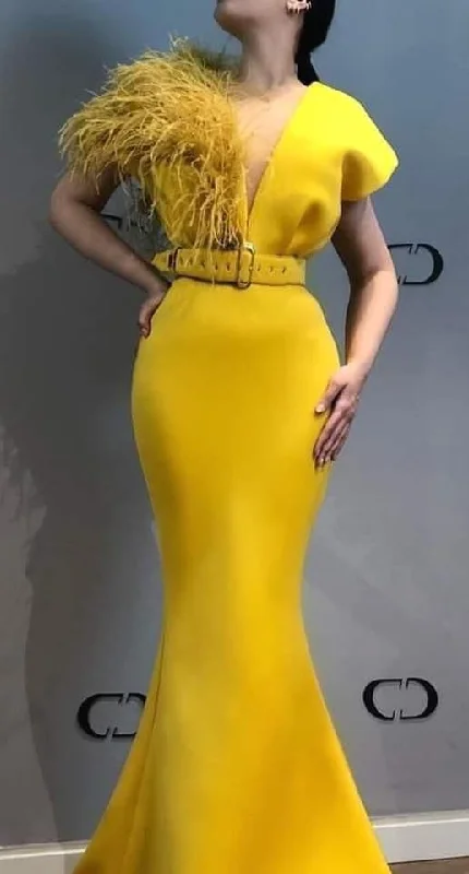 feather evening dresses yellow long mermaid modest short sleeve elegant evening gown Prom Dresses   cg14199 Great Deals On Ethnic Cultural Wear