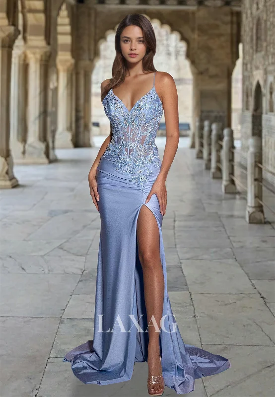 Spaghetti Straps V-Neck Sleeveless Lace Applique Sweep Train Mermaid Prom Dress with High Slit Elegant Style