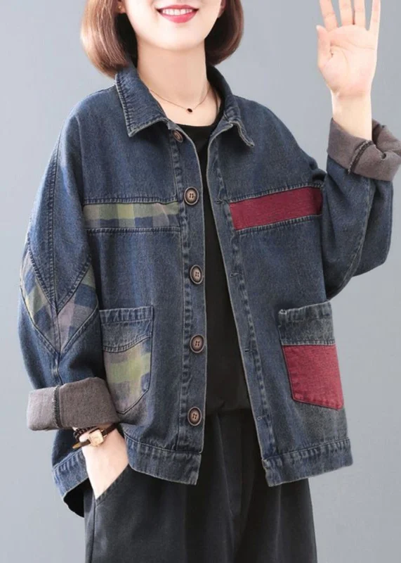 Handmade Blue Peter Pan Collar Pockets Patchwork Button Denim Coats Long Sleeve Big Savings On Minimalist Office Styles