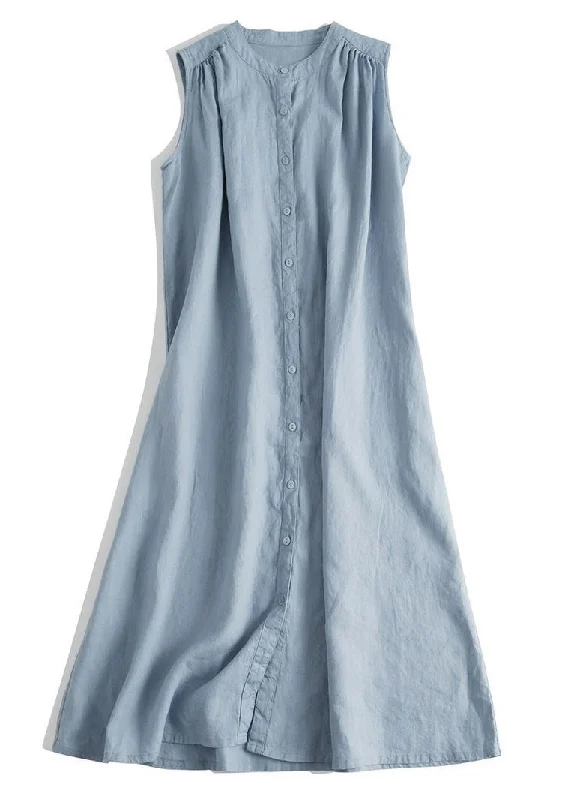 French Blue O Neck Button Linen Dresses Sleeveless Feminine Soft - Hued Styles