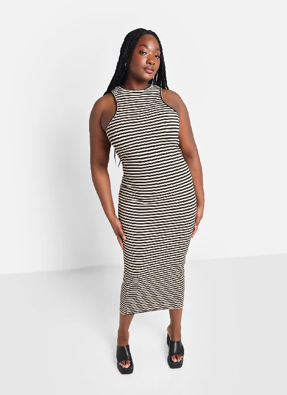 Jenna Striped Maxi Bodycon Dress - Tan & Black Chic Style