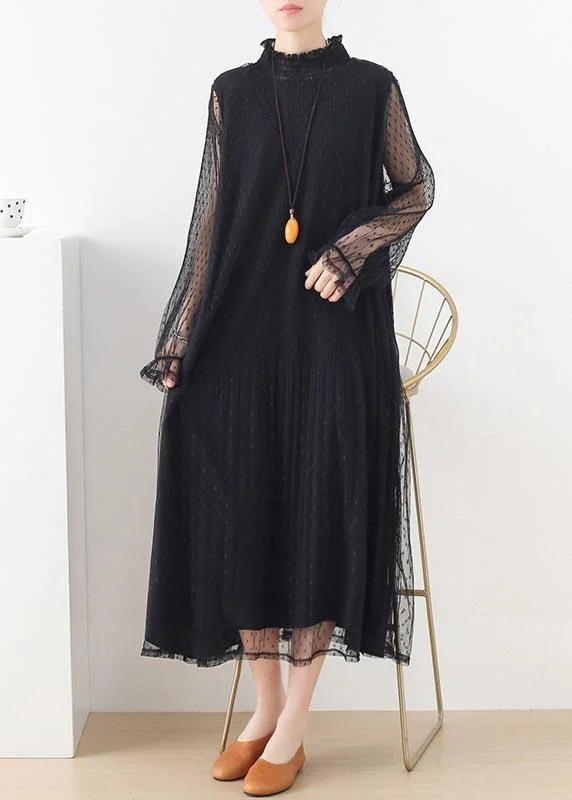 Women Black Stand Long sleeve Ankle Summer Chiffon Dress Art Deco Geometric Pattern Look