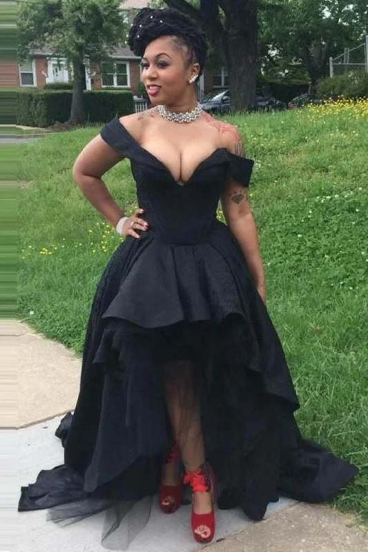 Sexy Black Off the Shoulder V Neck High Low Prom Dresses,Party Graduation Gowns   cg12735 End - Of - Month Blowout