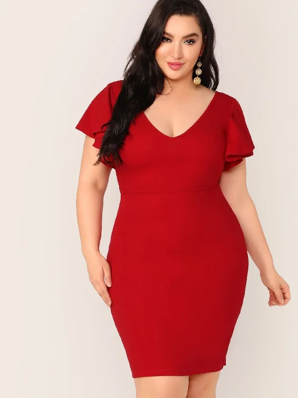  Plus Zip Back Ruffle Trim Bodycon Dress Flash Deals