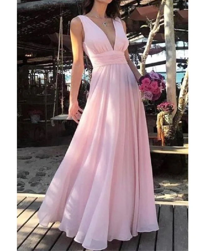 Siaoryne Pastel pink V Neck Flowing Chiffon Long Evening Gowns Women Formal Outfit PL20165 Fashion-Forward