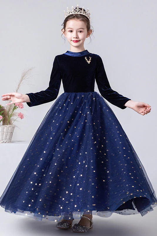 A Line Navy Blue Long Sleeves Star Tulle Flower Girl Dresses Early Access To Art Deco Styles Sale