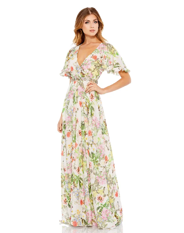 Floral Print Faux Wrap Flutter Sleeve A Line Gown Update With Cottagecore Styles