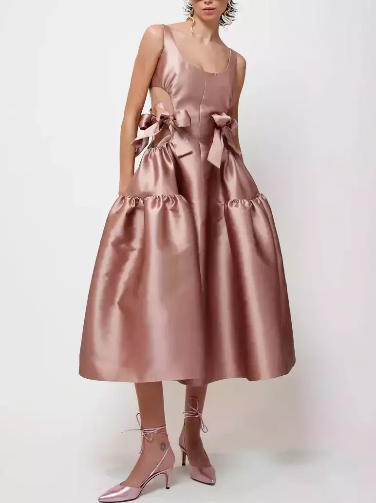 Cut-Out Flared Satin Dress with Bows Exclusive Discount