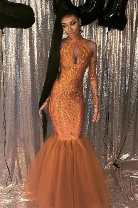 Black Girl Prom Dress Dust Orange Mermaid Cheap Prom Dress with Sleeves | Halter Sexy Keyhole Sparkly Appliques Evening Gowns   cg14653 Romantic Date - Night Ensemble