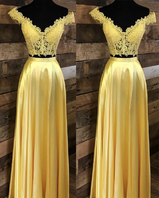 Yellow Crop Top Long Prom Dress Lace Off the Shoulder Gown For Grils PL1100 Special Occasion Wear