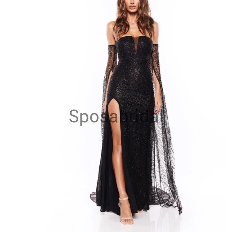 Strapless Long Sleeves Black Side Slit Mermaid Sexy Modest Simple Prom Dresses PD1917 Chic Allure