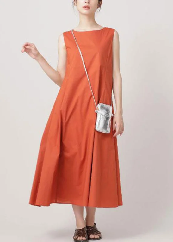 Women Orange O Neck Wrinkled Exra Large Hem Cotton Dresses Sleeveless Wardrobe Essentials