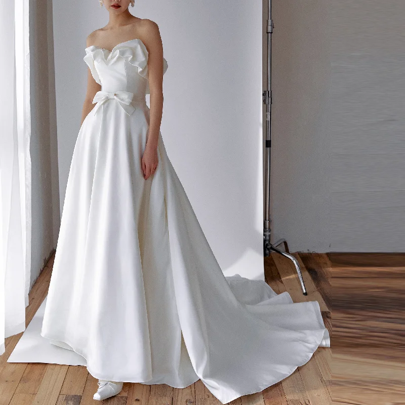 Ruffle Neckline A-line Wedding Dress with Bowknot Front Special Occasion Wear