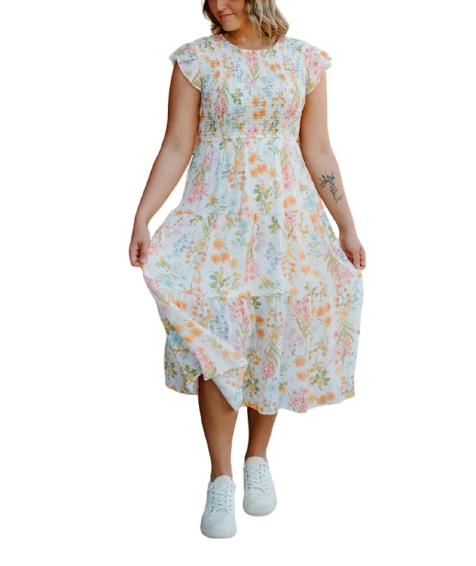 Floral Smocked Dress In Ivory Contemporary Elegance