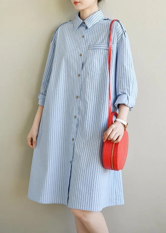 Casual Blue Striped Cotton Long sleeve Spring Dresses Weekend Special