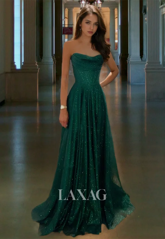 Sleeveless Sweetheart A-Line Prom Dress Pleated Beaded Glitter-Knit Formal Dress with Train Effortless Sophistication